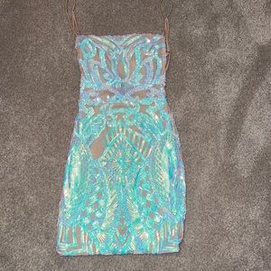 Lucy in the sky starstruck strappy dress in Nude Iridescent